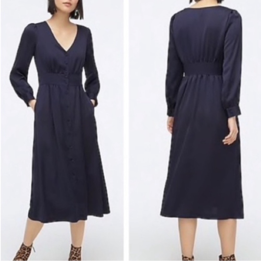 J.Crew Navy Satin Button-Front A-Line Midi Dress